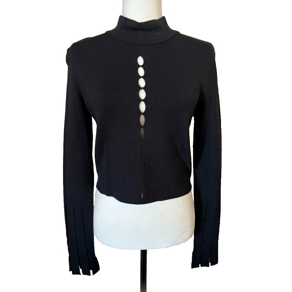 JONATHAN SIMKHAI Long Sleeve Top Size Large Black Cut Out Fringe Sleeves Viscose